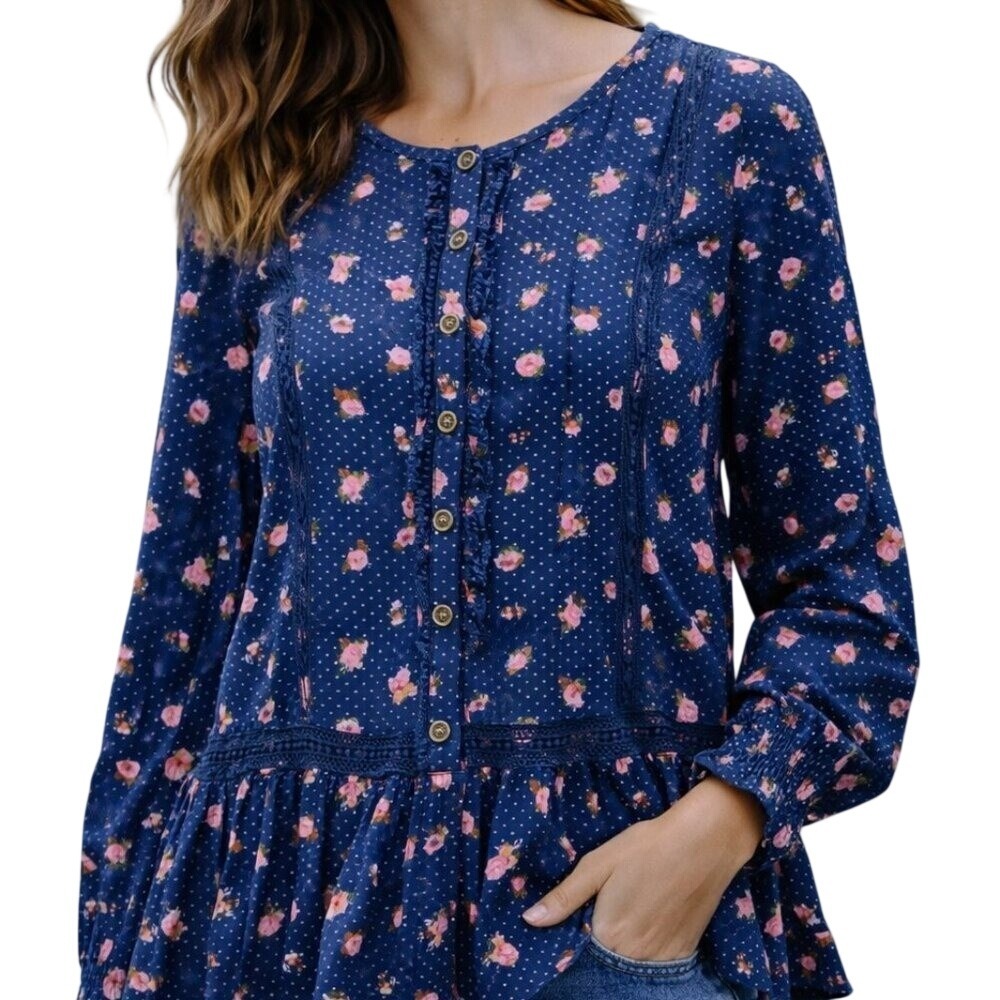 Matilda Jane Peplum Top Womens Small Blue Floral‎ Polka Dot Lace Trim Blouse